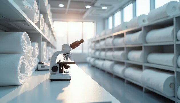 Modern lab setting with microscope and rolled textiles. Researching fabric texture quality and composition. Testing textile fibers and materials for scientific analysis and industry standards.