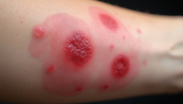 Close up on arm skin showing red raised bumps and inflammation. This condition might be an allergy insect bite or irritation. Visible symptoms on fair skin surface.