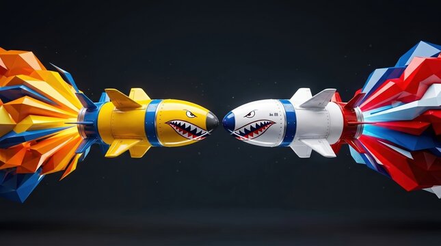 Two stylized missiles with shark teeth face to face on dark background military conflict concept