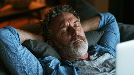 Fototapeta premium A relaxed mature man with grey hair and beard rests on a couch with his hands behind his head, eyes closed, enjoying a peaceful moment indoors.