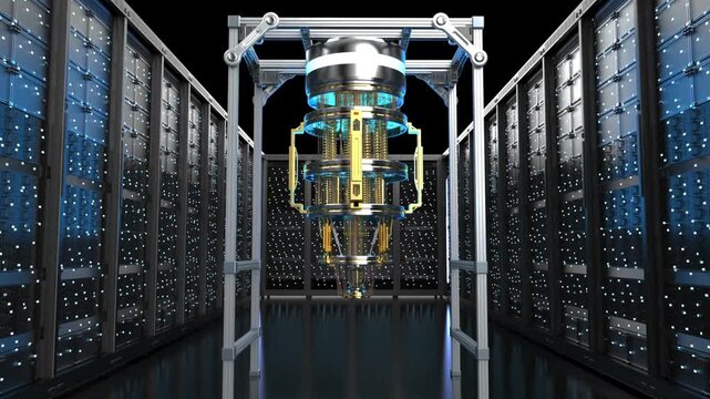 Advanced Quantum Computer Core with Glowing Circuits in a Futuristic Data Center