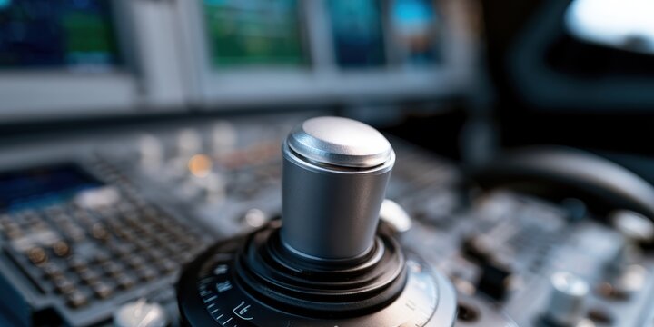 aviation simulator technology, clear focus on high-quality aircraft control yoke, with blurred simulator screens symbolizing pilot training and modern aviation tech