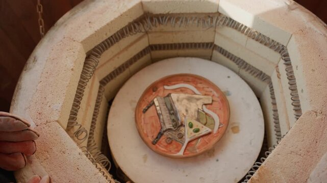 Kiln interior with ceramic plate, potter inspecting glazed terracotta plate on kiln shelf hands at rim, cooling after hightemperature firing, brick insulation and hanging chain visible, closeup