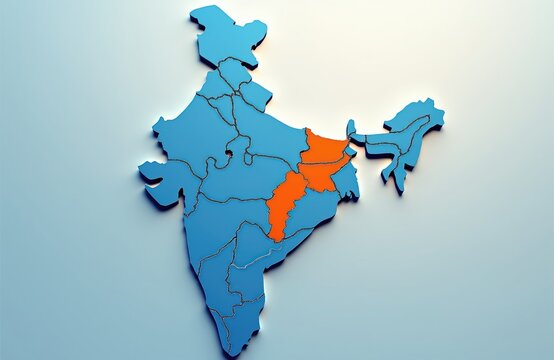 Abstract map of India with Bihar state highlighted in bright orange. Other regions shown in blue. Clean cartography style with clear borders.