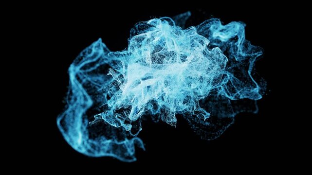 Dynamic blue particle explosion abstract background swirling energy flow with glowing dust particles.