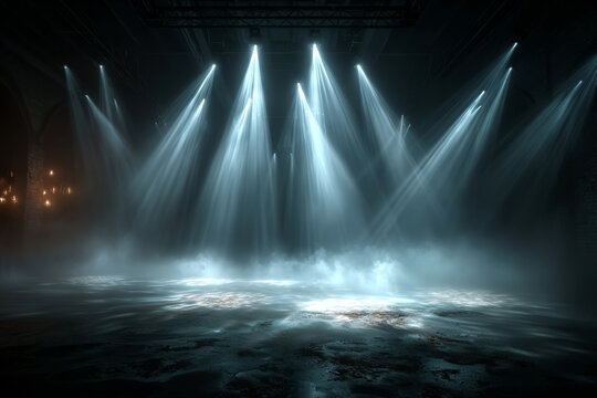 Concert stage features dramatic lighting with strobe lights and moving beams illuminating heavy fog, creating a cinematic atmosphere in a dark environment