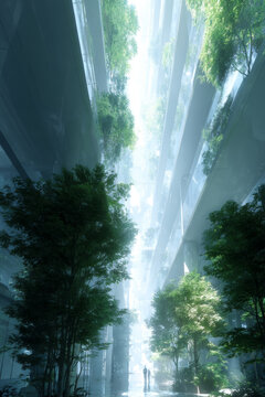 Interior of a futuristic bio-dome showcasing a lush vertical garden wall, with sunlight streaming through glass panels and casting light patterns on the floor