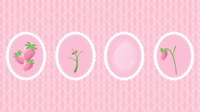 4k footage animation of pink strawberries, pink cherry, and pink flower in four scalloped frames with pink ribbons on a gingham pink background. Sweet coquette aesthetic design.
