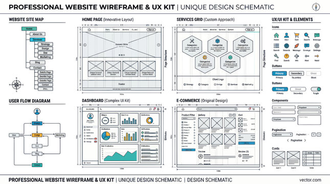 Website Wireframe and UX Design Schematic for Professional UI