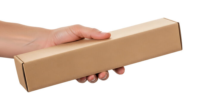 Hand holding long rectangular cardboard shipping box with cardboard shipping delivery container rectangular logistics packaging commercial isolated