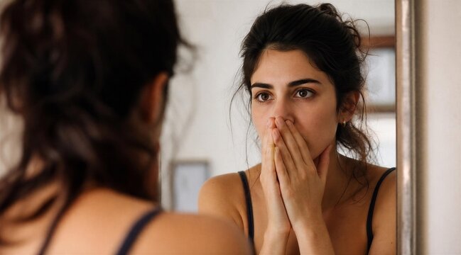 Young Woman's Concerned Reflection in Mirror