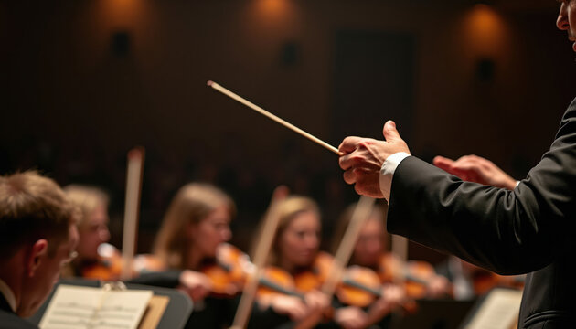 Conductor leads orchestra playing violins with baton. Musicians perform classical music concert in theater. Audience watches performance on stage.