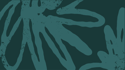 Artistic abstract grunge background featuring large dark teal organic hand drawn leaf patterns. Creative textured backdrop layout with subtle dirty spray splatters for street art. © dirtyfellas