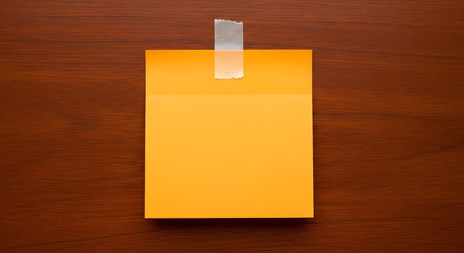 Blank orange sticky note taped to dark wooden surface with adhesive reminder communication announcement planning workspace background information stationery messageboard