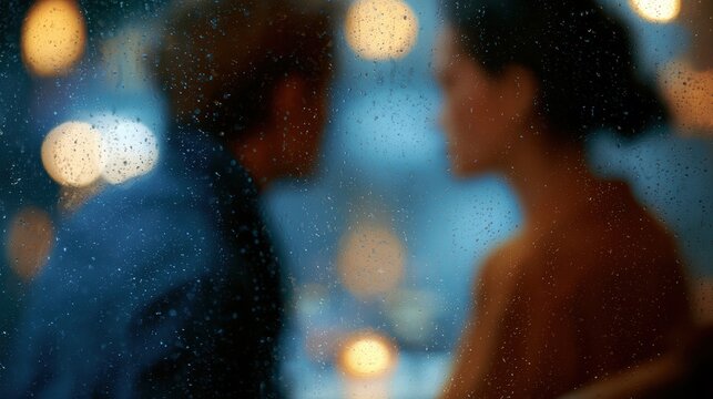Couple sitting quietly in cafe during rainy evening, warm ambient glow, candid lifestyle moment, realistic stock image