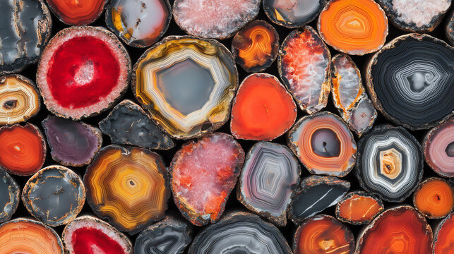 Banded agate slices in fiery red and orange tones displayed as a vivid collection of geological mineral specimens