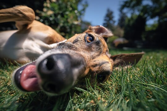 Playful Azawakh dog rolling on its back in green grass on a sunny day 