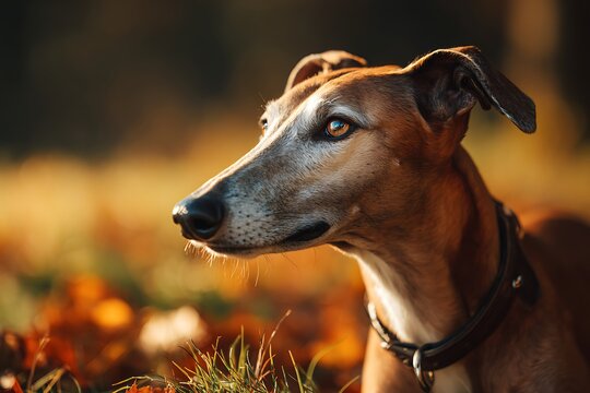 Close up portrait of an elegant Azawakh dog lying down in autumn leaves
