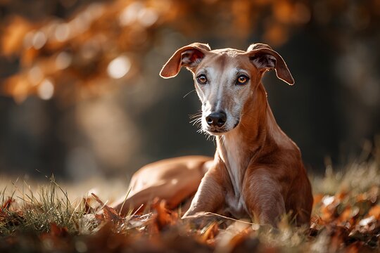 Close up portrait of an elegant Azawakh dog lying down in autumn leaves
