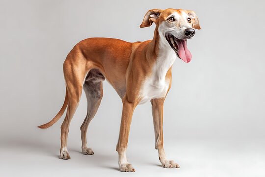 Full body studio portrait of an elegant Azawakh dog sitting on a light gray background
