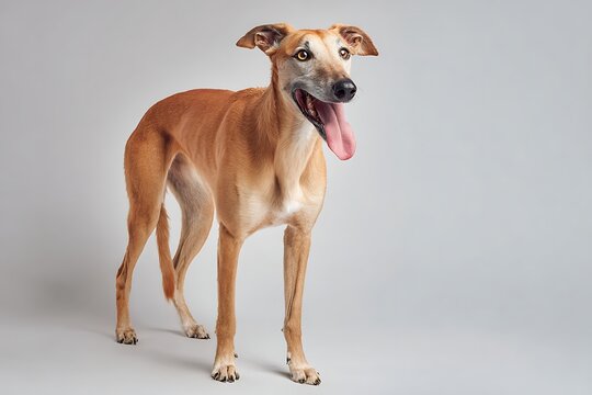 Full body studio portrait of an elegant Azawakh dog sitting on a light gray background
