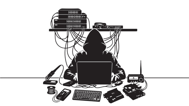 Cybersecurity hacker silhouette with laptop and hardware, anonymous hooded programmer in server room, black and white vector of data breach concept