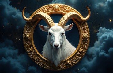 Obraz premium Majestic white goat head with large horns framed in ornate gold circle against night sky. Stars and clouds symbolize Capricorn zodiac sign, ancient lore and celestial mystery.