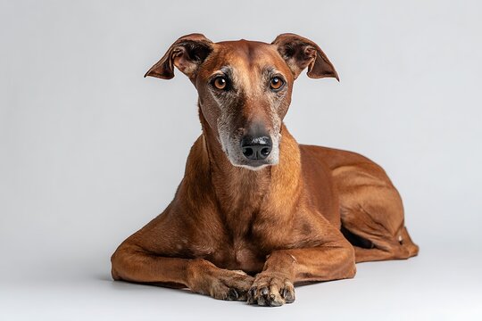 Full body studio portrait of an elegant Azawakh dog sitting on a light gray background
