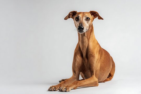 Full body studio portrait of an elegant Azawakh dog sitting on a light gray background
