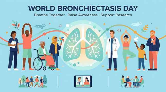 Informative World Bronchiectasis Day illustration featuring healthcare professionals, patients, caregivers, families, and a detailed lung anatomy graphic promoting respiratory health awareness