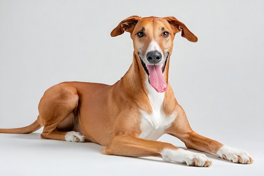 Full body studio portrait of an elegant Azawakh dog sitting on a light gray background
