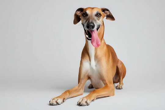 Full body studio portrait of an elegant Azawakh dog sitting on a light gray background

