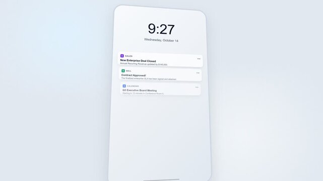 Corporate Light Mode Smartphone Lock Screen, B2B Business Push Notifications Animation, White Glassmorphism UI 4K