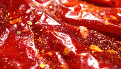 Obraz premium Macro view of crushed dried red chili pepper flakes.