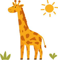 Obraz premium Cute giraffe cartoon illustration with sun and grass isolated on light background. Friendly African wildlife animal in flat style for children education, safari themes and nursery design.