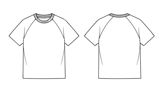 Raglan t-shirt technical sketch vector, front and back view of white short sleeve tee, blank apparel mockup for fashion design and manufacturing