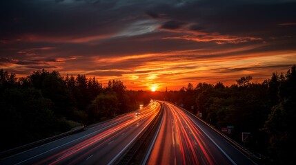 Fototapeta premium Scenic Highway at Dusk with Dramatic Sunset and Car Light Trails Illuminating Roadway in Nature Environment