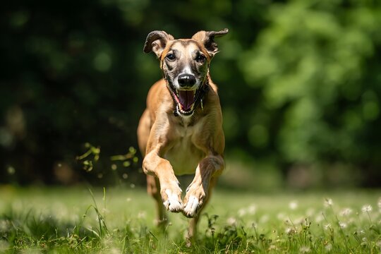 Action packed high speed photograph of an Azawakh dog running fast through a green meadow
