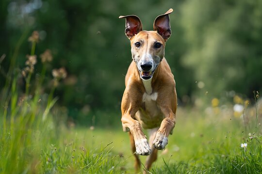 Action packed high speed photograph of an Azawakh dog running fast through a green meadow
