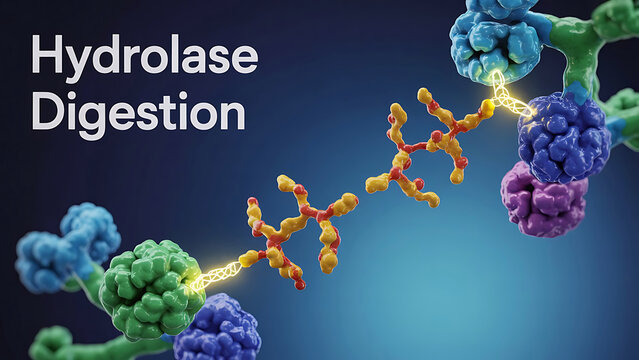 Hydrolase enzyme breaking down molecular structure in a biochemical reaction process