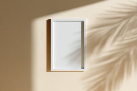 Blank white frame mockup on warm beige wall with natural sunlight and organic leaf shadow patterns, clean minimal composition