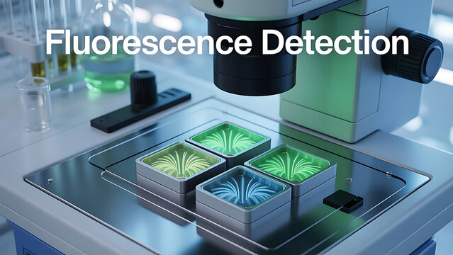 Fluorescence detection microscope with four glowing sample slides on metal stage in laboratory setting with various equipment around  science research tool