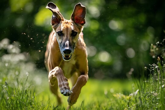 Action packed high speed photograph of an Azawakh dog running fast through a green meadow
