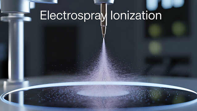 Electrospray ionization process with a metal nozzle spraying particles into a circular container in a laboratory setting with scientific equipment