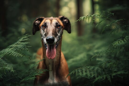 Picture of an elegant Azawakh dog standing proud on a forest path at sunset
