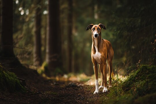 Full body portrait of an elegant Azawakh dog standing proud on a forest path at sunset
