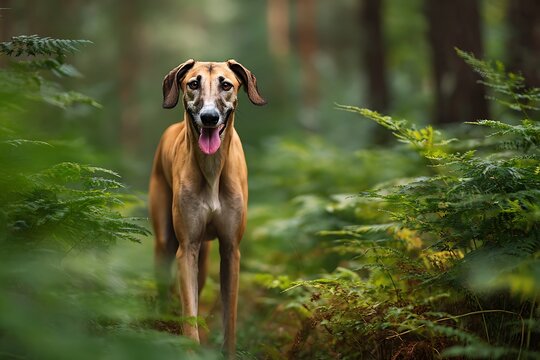 Portrait of an elegant Azawakh dog standing proud on a forest path at sunset
