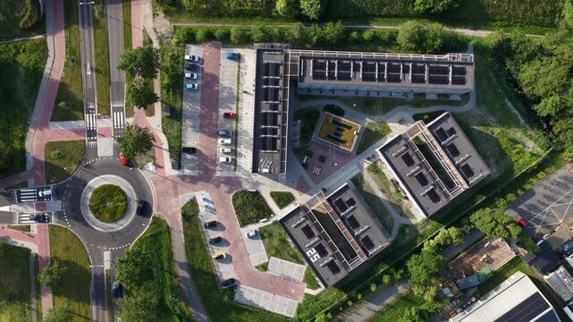 Aerial top down view of temporary housing complex with solar panels
