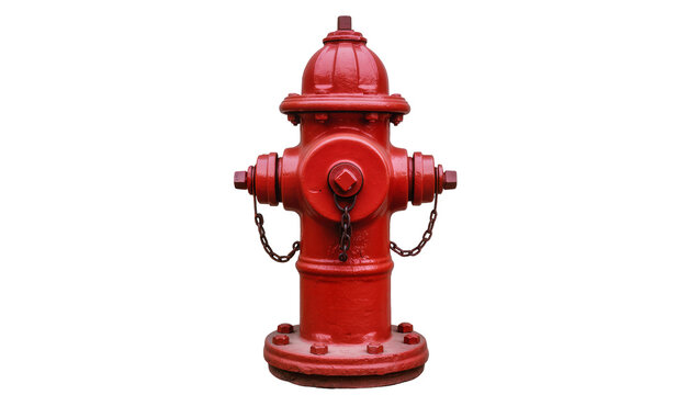 Bright red metal fire hydrant with chains, isolated on transparent background
