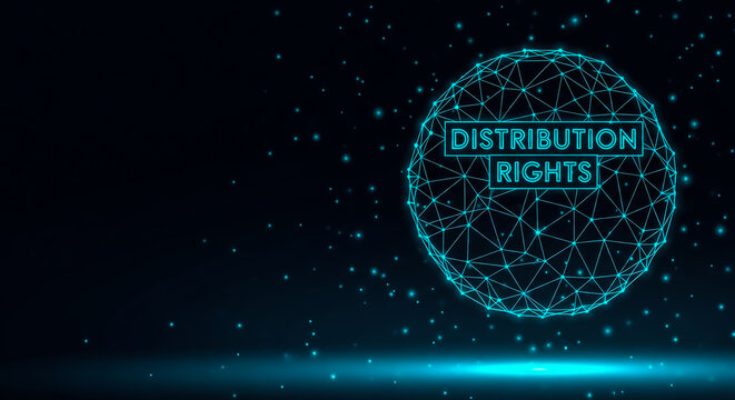 A glowing network sphere labeled 'Distribution Rights' on a dark background with blue accents, symbolizing digital rights management and content distribution in a technological context.